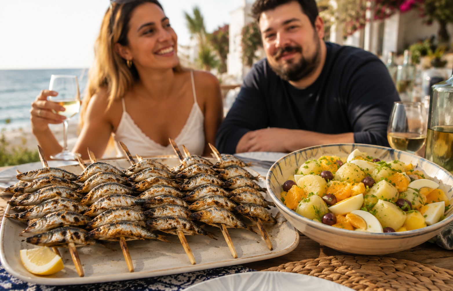 Dúo gay de Espetos con ensalada malagueña al estilo Antonio